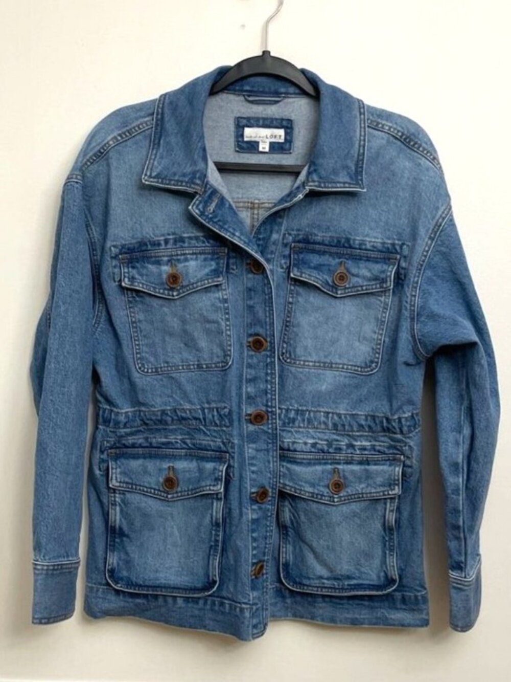 Loft Denim Jacket Women's M Blue Jean Cinched Waist Chore Pockets Cotton